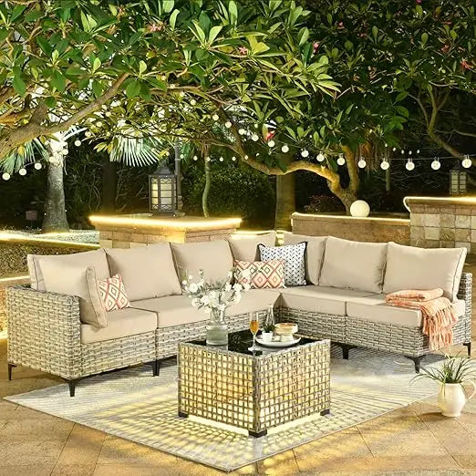 7 Piece Outdoor Patio Furniture, with Glowing Coffee Table, Rattan Wicker Coversation Set with Sofa, Garden Furniture Sets