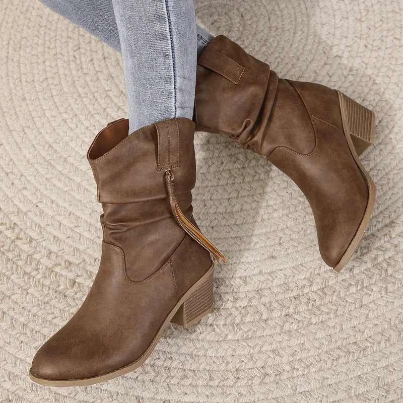 Women Vintage Brown Western Cowboy Boots Autumn Winter  Tassel PU Leather Ankle Booties Ladies Pleated High-heeled Mid-calf Boot