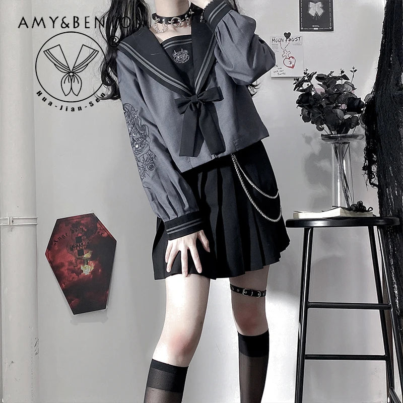 2024 New Japanese Original Jk Uniform Black Gray Print Long Short Sleeves Top Mini Pleated Skirt Suit For Girls