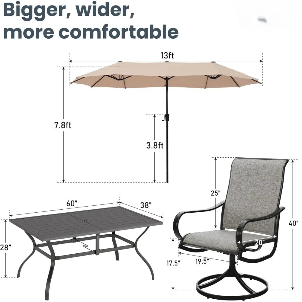 8PCS Patio Dining Set,with 13ft Large Patio Umbrella, 6Outdoor Swivel Chairs & 1 Rectangle Metal Table,Outdoor Dining Table Sets