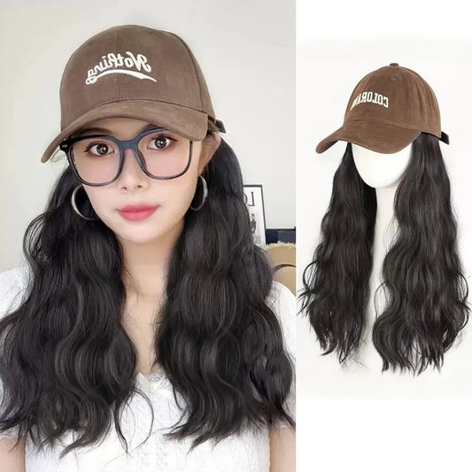 ALXNAN HAIR Synthetic Hat Wig Women's Long Hair Full Head Set Fashion Autumn/Winter Lamb Hair Baseball Hat WavyHair Wig Hat