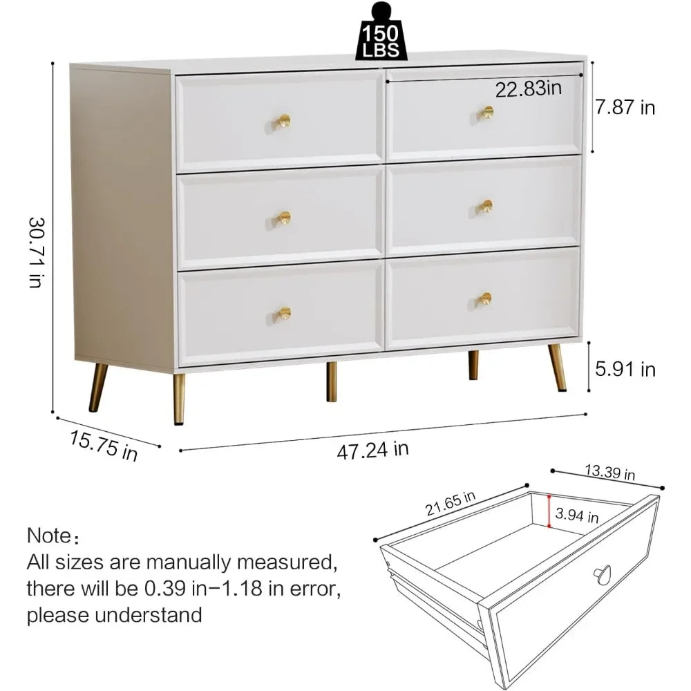 White 6 Drawer Dresser for Bedroom, Large Double Dresser with Wide Drawers, Modern Chest of Drawers