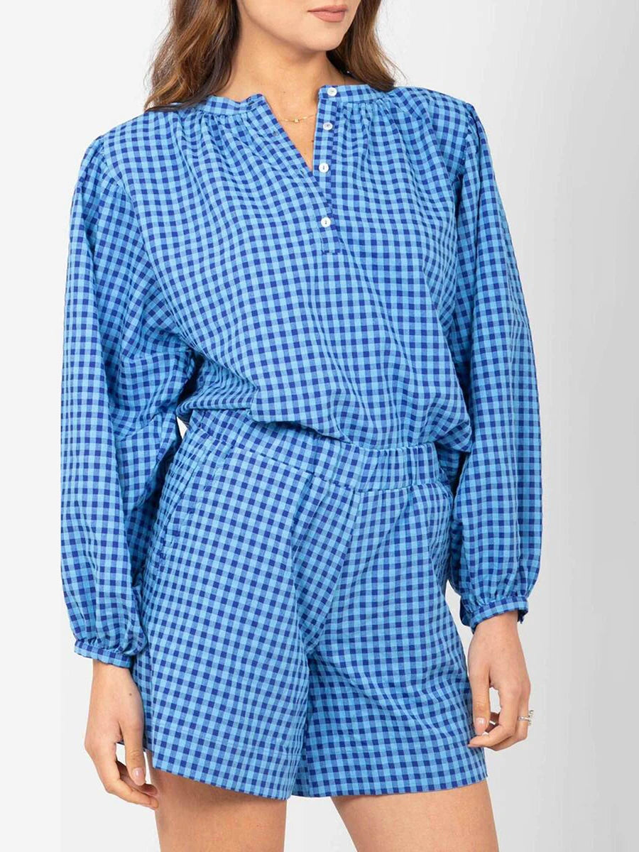 Women Pajamas Set 2 Pieces Loungewear Suits Plaid Buttons Long Sleeve Loose Tops and Shorts Sleepwear Outfits