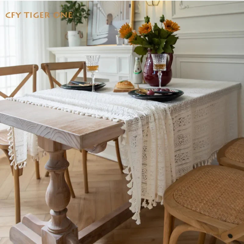 French Romantic Beige Hollowed Out Lace Crochet Antifouling Rectangular Tablecloth  Coffee Table Mat Table Cover