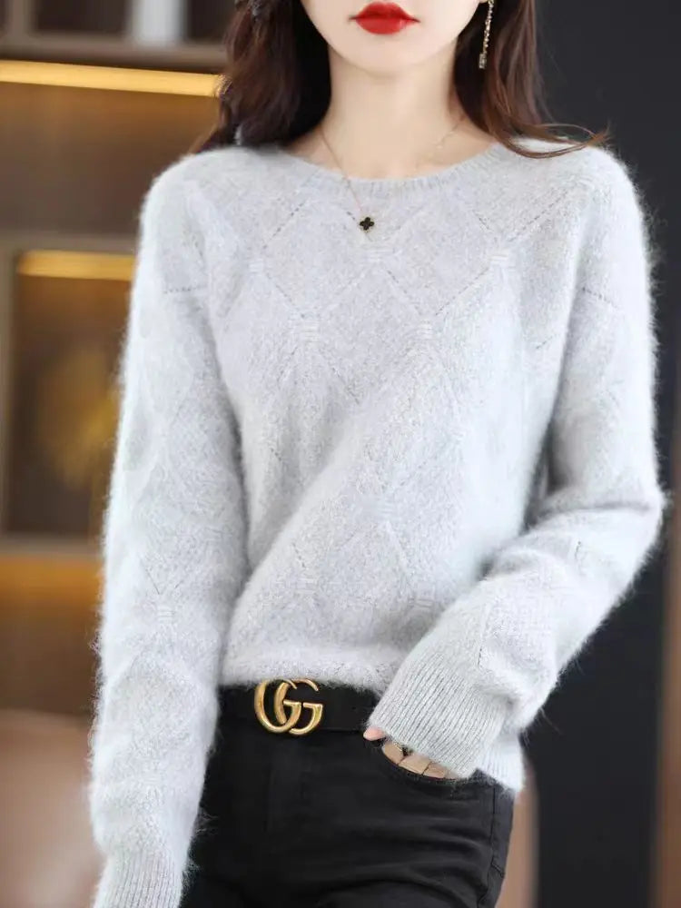 100% Mink cashmere sweater Women's knitting sweater O-neck long sleeve pullover Autumn and winter clothing warm top