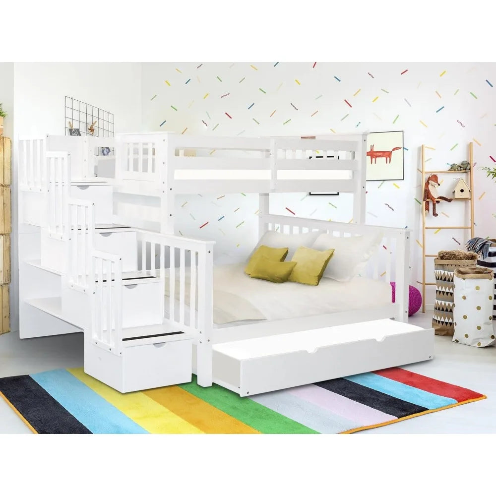 Bunk Bed, King Stairway Bunk Beds Twin Over Full with 4 Drawers in The Steps and A Twin Trundle, Wood Bunk Bed Frame