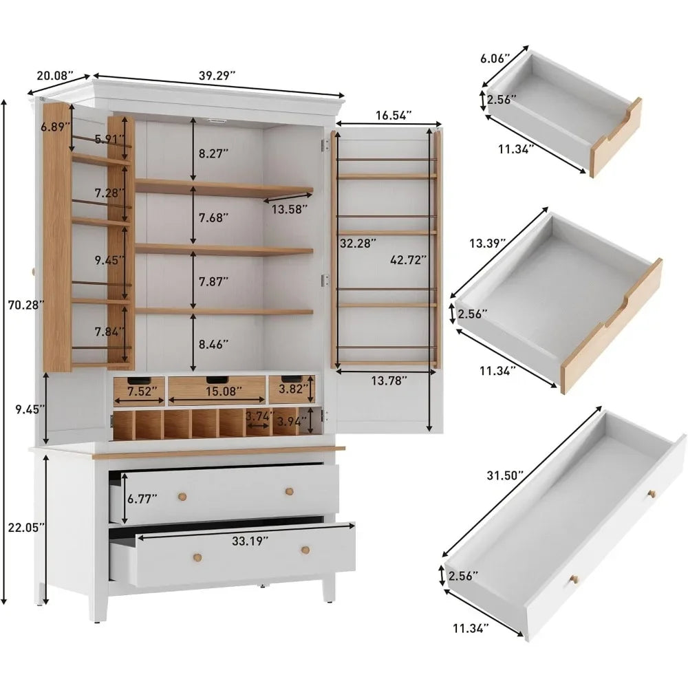 Tall Kitchen Pantry Cabinet,Wood Cupboard with 8 Door Storage Shelves,Large Storage Cabinet with Drawers & Adjustable Shelves