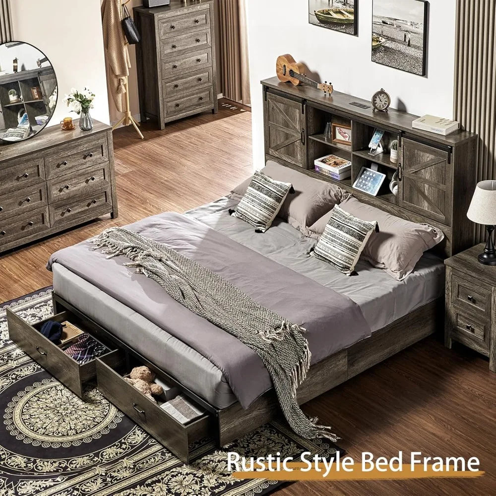 King Size Bed Frame, Wooden Platform Storage Beds with 51.2" Bookcase Headboard, 2 Drawers, Charging Station/Bed Frame