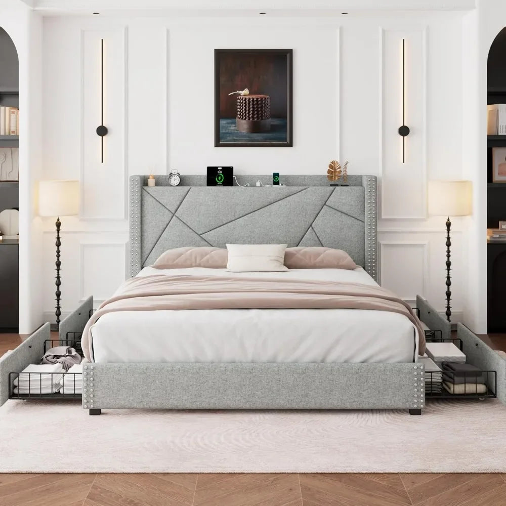 Queen Bed Frame with 4 Storage Drawers, Upholstered Platform Bed Frame with Charging Station & Wingback Headboard, Solid Wood