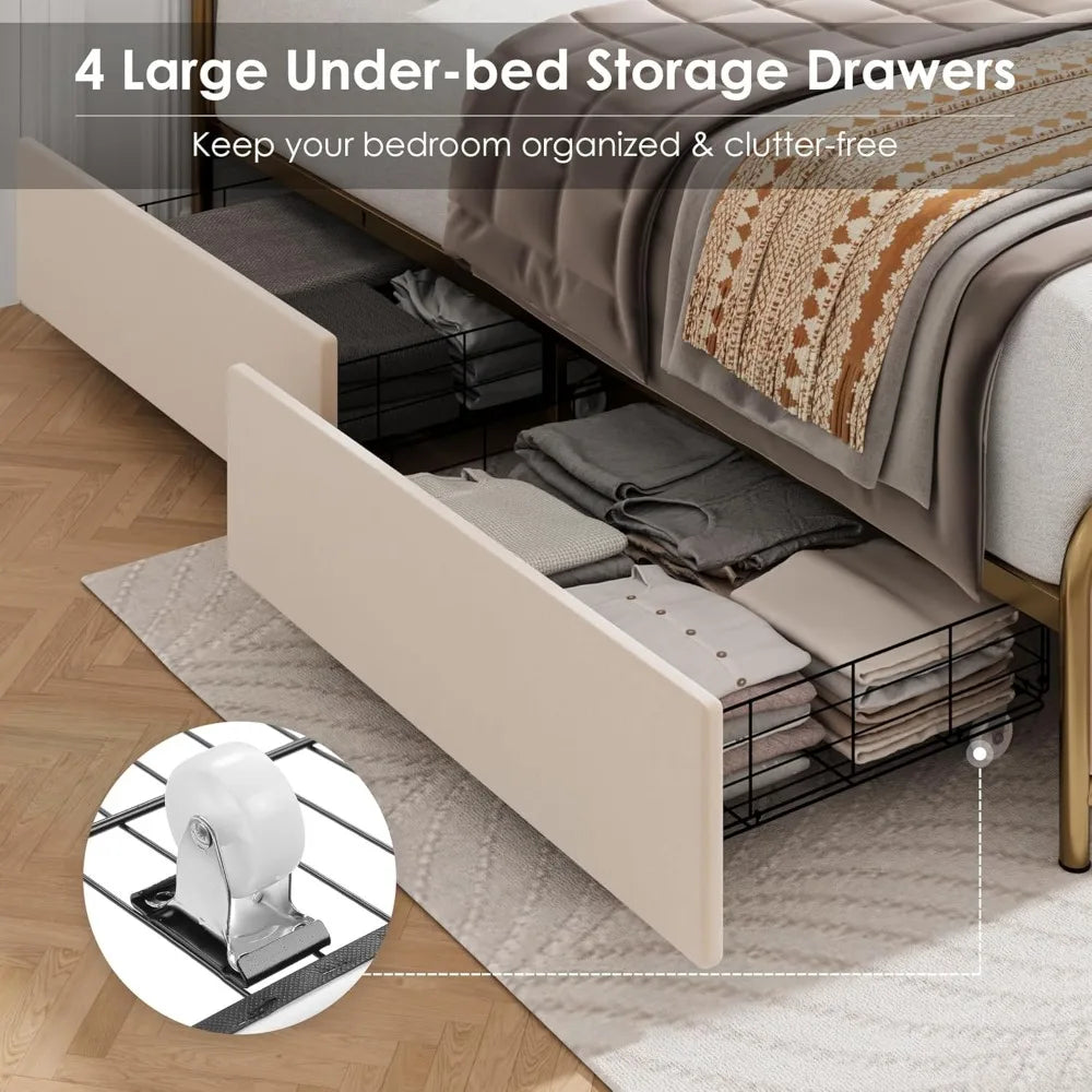 Upholstered Bed Frame with 4 Storage Drawers and Headboard, Heavy Duty Metal Mattress Foundation with Wooden Slats Easy Assembly