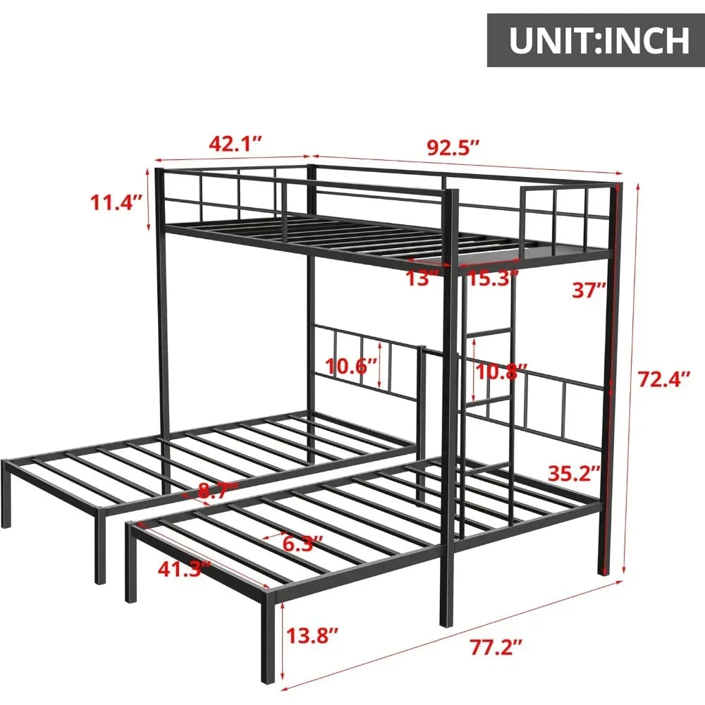 Triple Bunk Bed, Metal Twin Over Twin & Twin Bunk for 3 with Guardrails, Ladder & Upper-Platform, Detachable 3 Bunk for Children