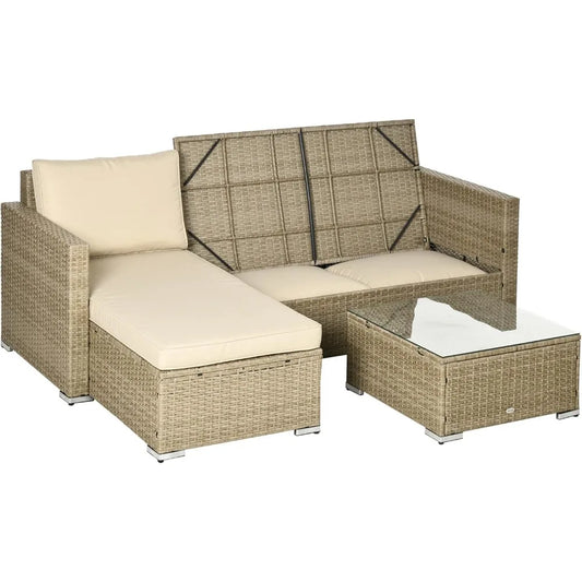 PE Rattan Conversation Sofa Set,with Storage Loveseat, Glass Top Coffee Table, 3 Piece Patio Wicker Furniture Set