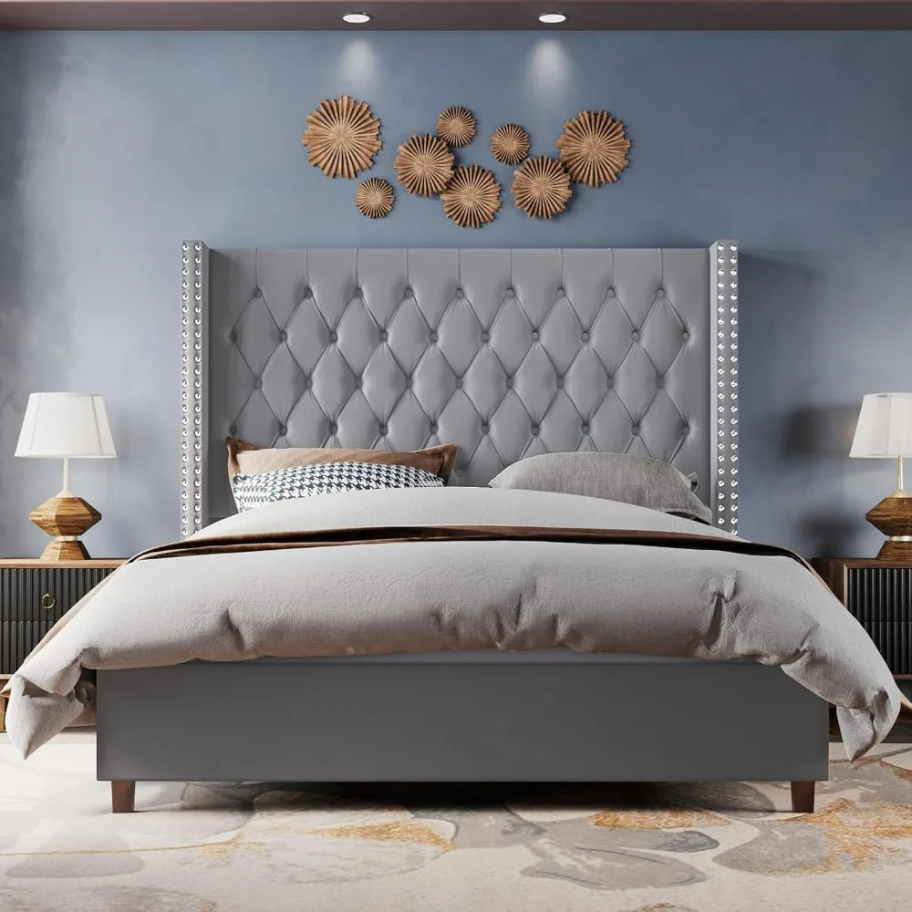 Velvet Upholstered Bed Frame King Size 61.4" Tall Headboard King Bed Frame/Deep Button Tufted/No Box Spring Needed/Grey Beds