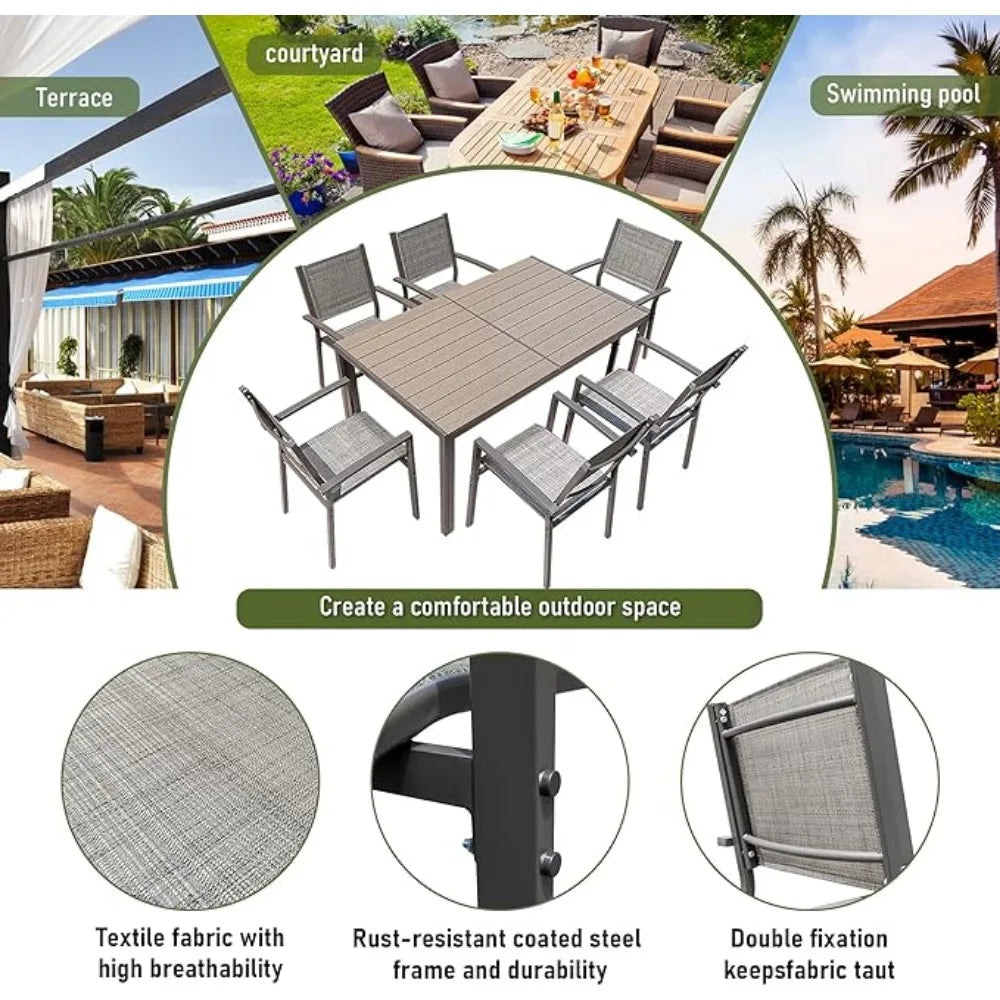 Patio Furniture Set for 7 Piece,with Weather Resistant Table 6 Stackable Textilene Chairs and Large Table, Outside Furniture Set