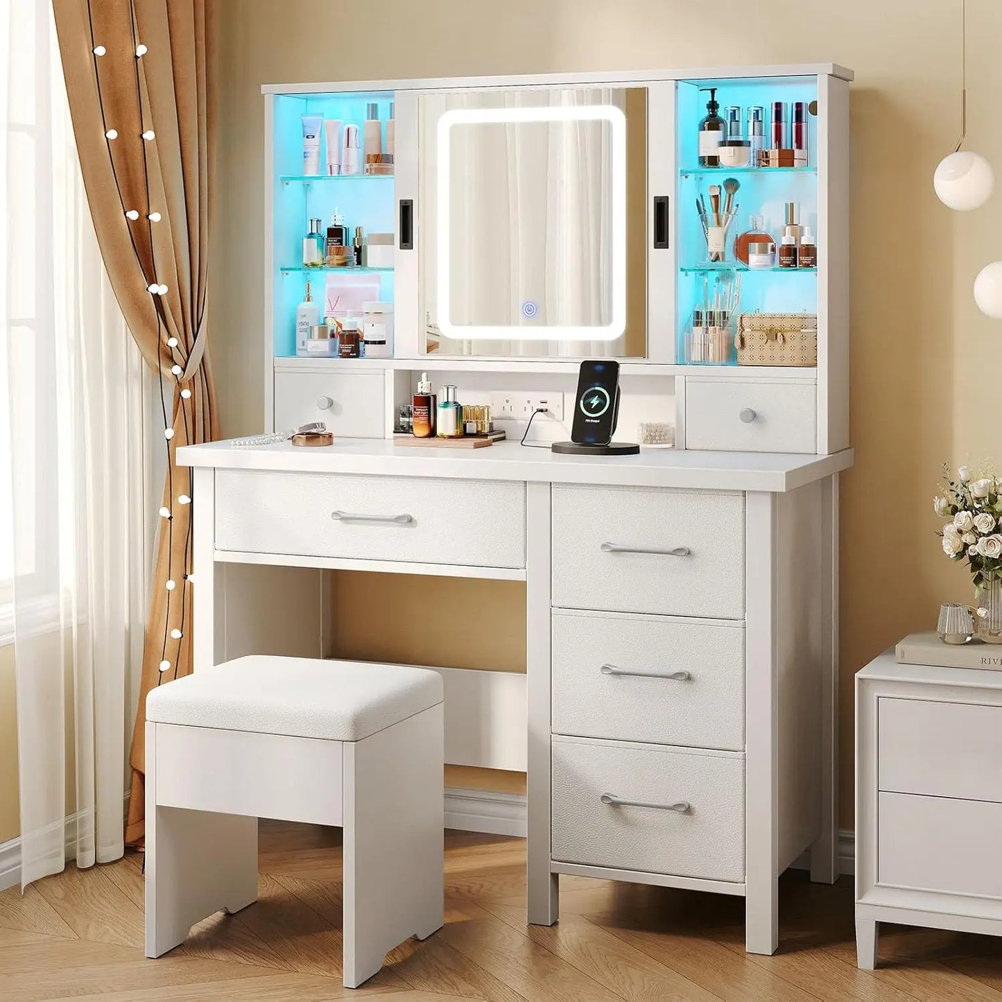 Vanity Desk with Lighted Sliding Mirror & Power Outlet,6 Storage Drawers Makeup Table with LED Strip and Glass Shelves