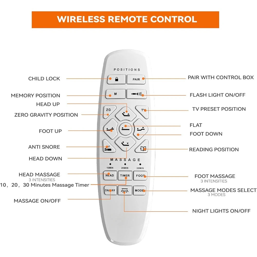 Adjustable Bed Frame Electric Bed Base with Massage, Wireless Remote, Ergonomic Foot&Head Incline, Zero Gravity, Dual USB Ports