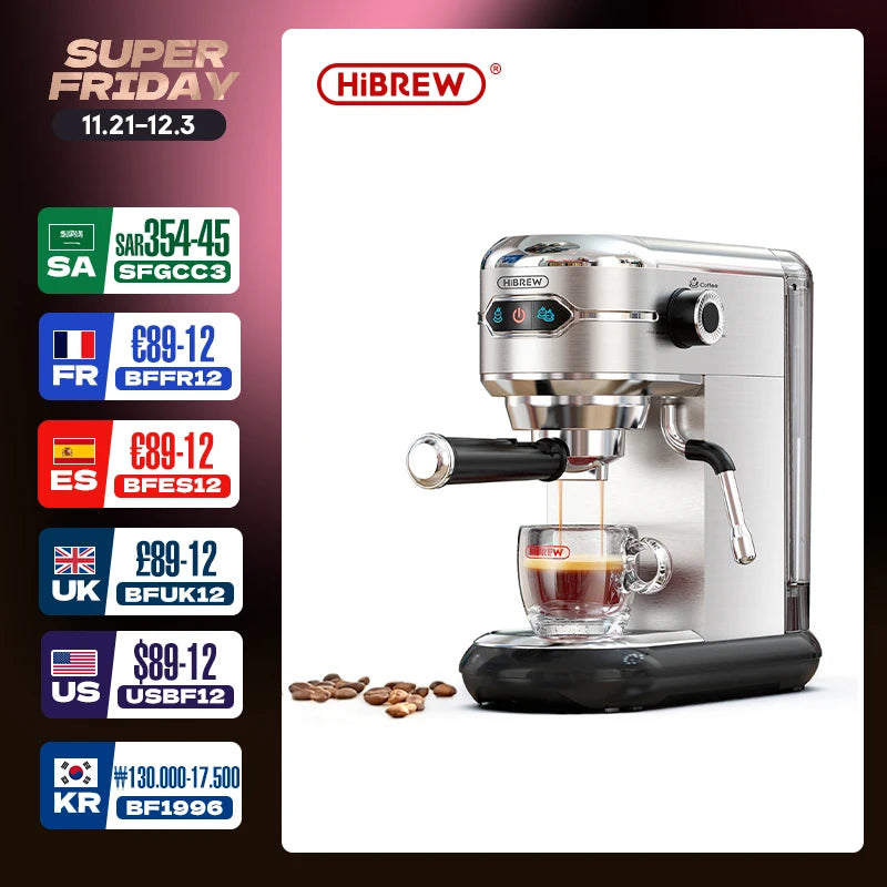 HiBREW Coffee Maker Cafetera 20 Bar Inox Semi Automatic Super Slim ESE POD& Powder Espresso Cappuccino Machine Hot Water H11