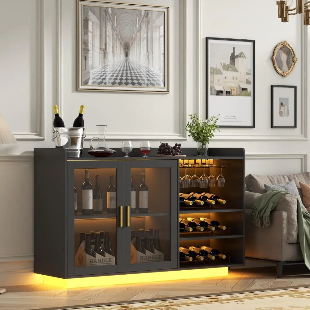 Wine Bar Cabinet with LED Lights, with Glass Rack and Removable Wine Racks, Modern Buffet Sideboard with Storage Shelves