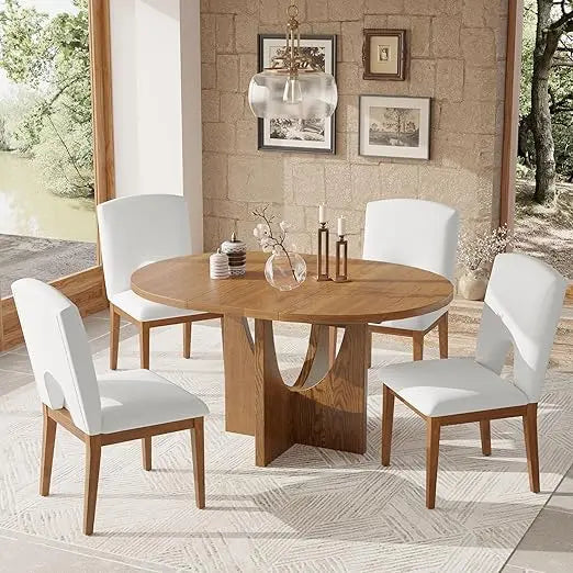 5-Piece Extendable Round Dining Table Set,with 16.2inch Removable Leaf and 4 Full-Back Dinings Chairs,Wood Dining Furniture Sets