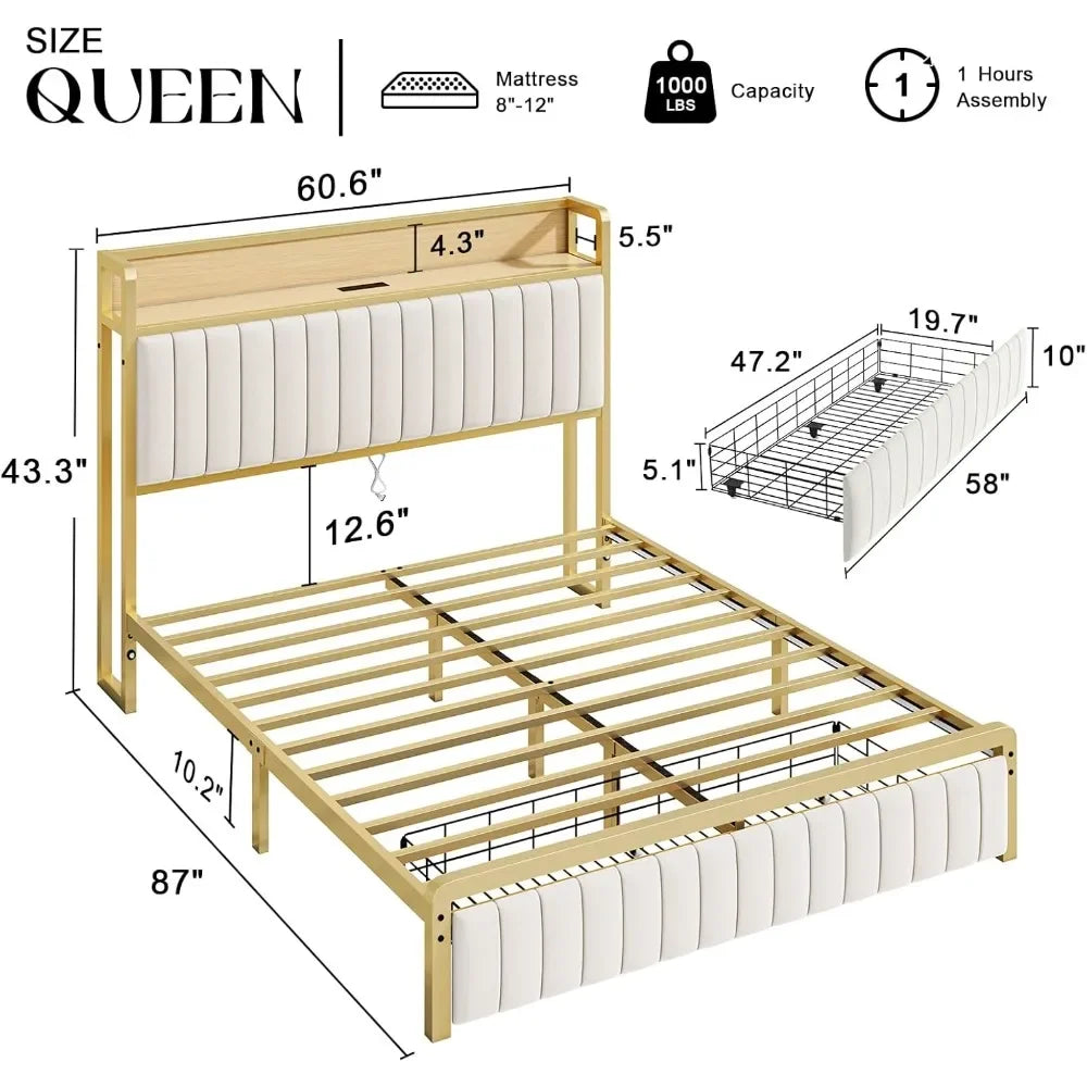 Queen Size Bed Frame with Motion Activated Light, LED Platform Bed with Integrated Drawer and Storage Headboard