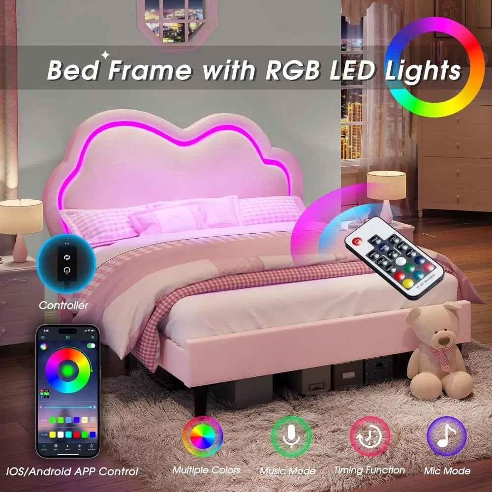 LED Bed Frame Full Size Velvet Upholstered Platform Bed with Adjustable Cloud Headboard, No Box Spring Needed, Easy Assembly