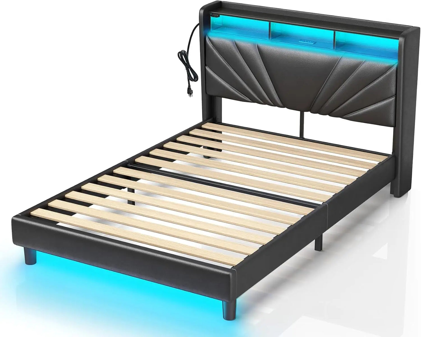 King Size Bed Frame, Storage Headboard with Charging Station and LED Lights, Upholstered Bed with Heavy Duty Wood Slats