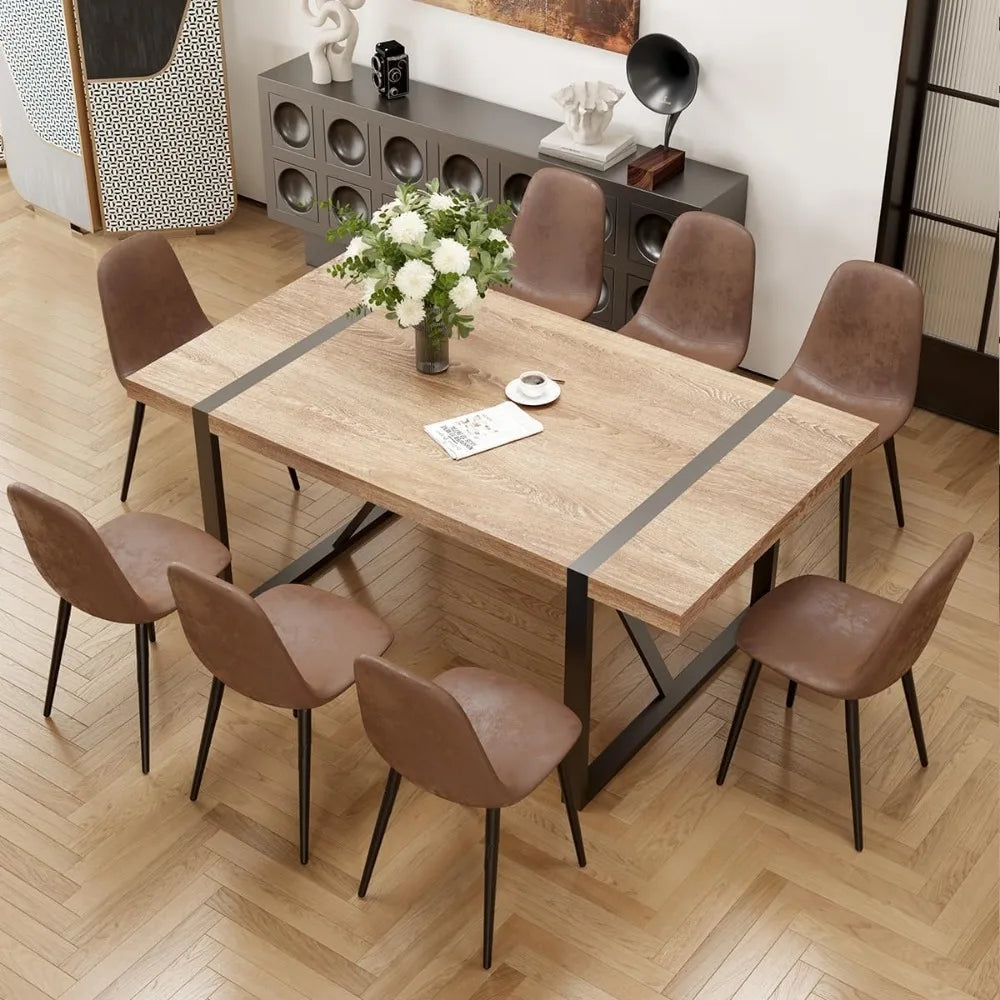 9 Piece Dining Table Set for 8 Desk Chair Modern 71'' Rectangle Wood Dining Table and Fabric Dining Chairs 8 Chaises Room Living