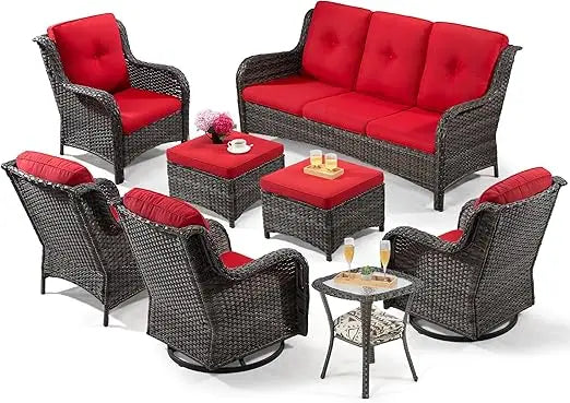 Wicker Patio Furniture Sets, with 3-Seat Sofa, 2Swivel Rocking Armchairs, 2 Armchairs,8 Piece Outdoor Furniture Conversation Set