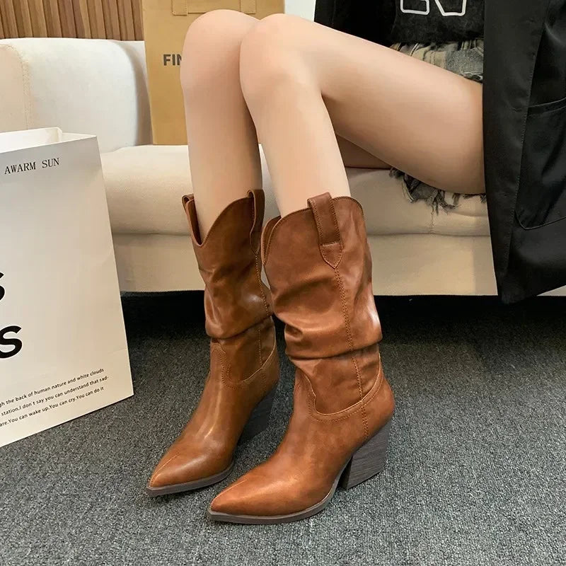 High Heels Mid Calf Pleated Boots for Women Autumn Winter Brown Pu Leather Western Boots Woman Thick Heeled Cowgirl Botas Mujer