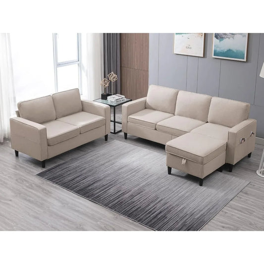 3 Pcs Sectional Sofa ,with Storage Ottoman for Living Room, Sectional Couches and Loveseat Sets, Living Room Furniture Sets