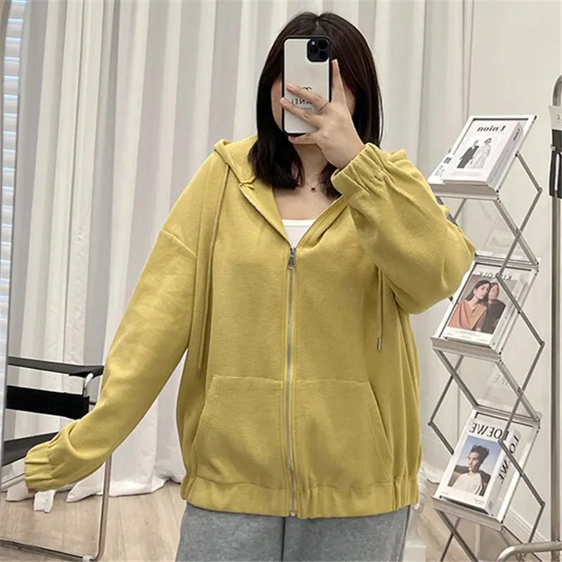 2022 Autumn New Fashion Temperament Korean Plus Size Hoodies Women Loose Casual Waffle Sweatshirt Jacket Solid Elegant Cardigan