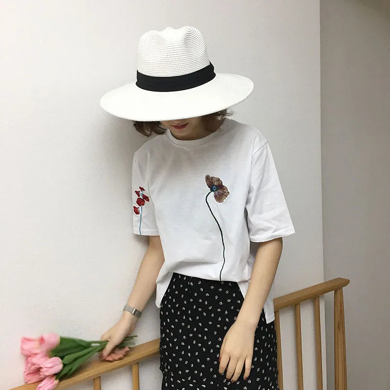 Summer New Fashion Special Flower Embroidered All Match Loose Casual Short Sleeve Female T-shirts