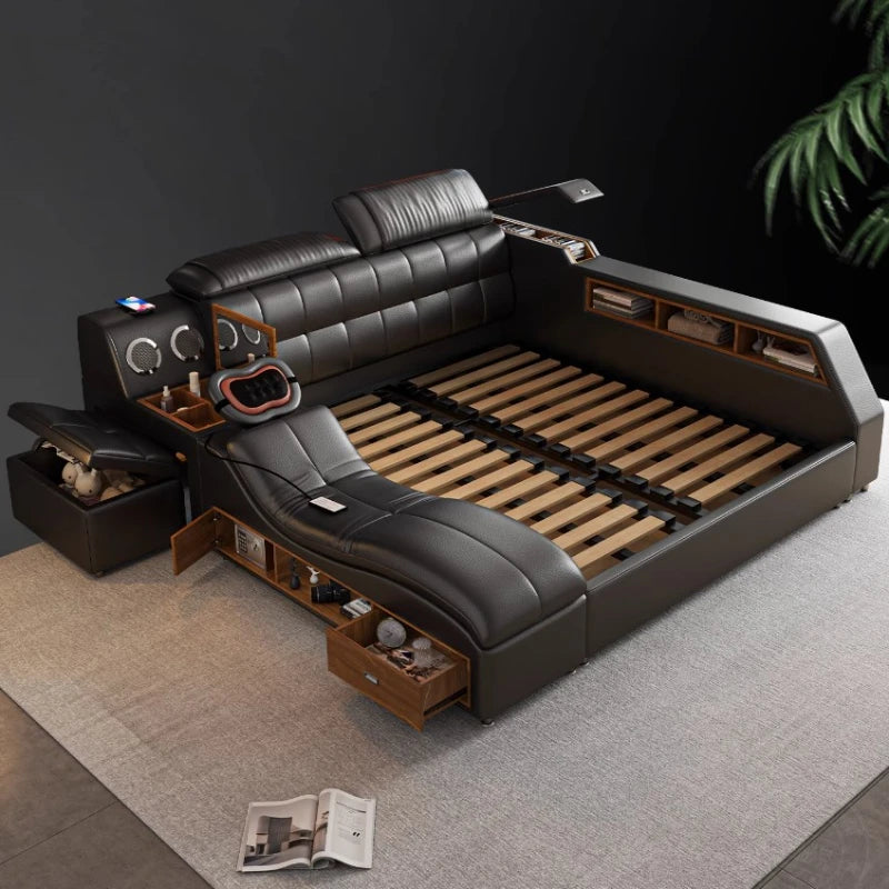 Ultimate Genuine Leather Bed With Massager, Safe, Speaker, Dresser, Multifunctional Technology Smart Beds Suitable For Bedrooms