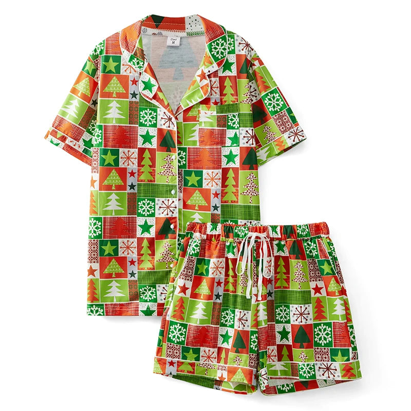 Christmas Family Pajamas Matching Set Christmas Tree Candy Print Tops and Drawstring Shorts Sleepwear