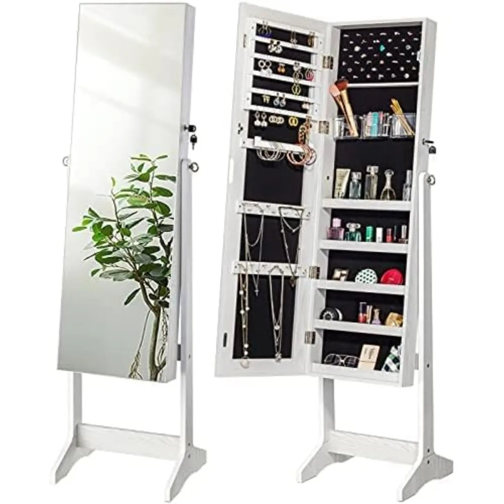 YOKUKINA Jewelry Cabinet Armoire, Large Storage Lockable Jewelry Mirror Organizer with Frameless Free Standing Jewelry Cabinet