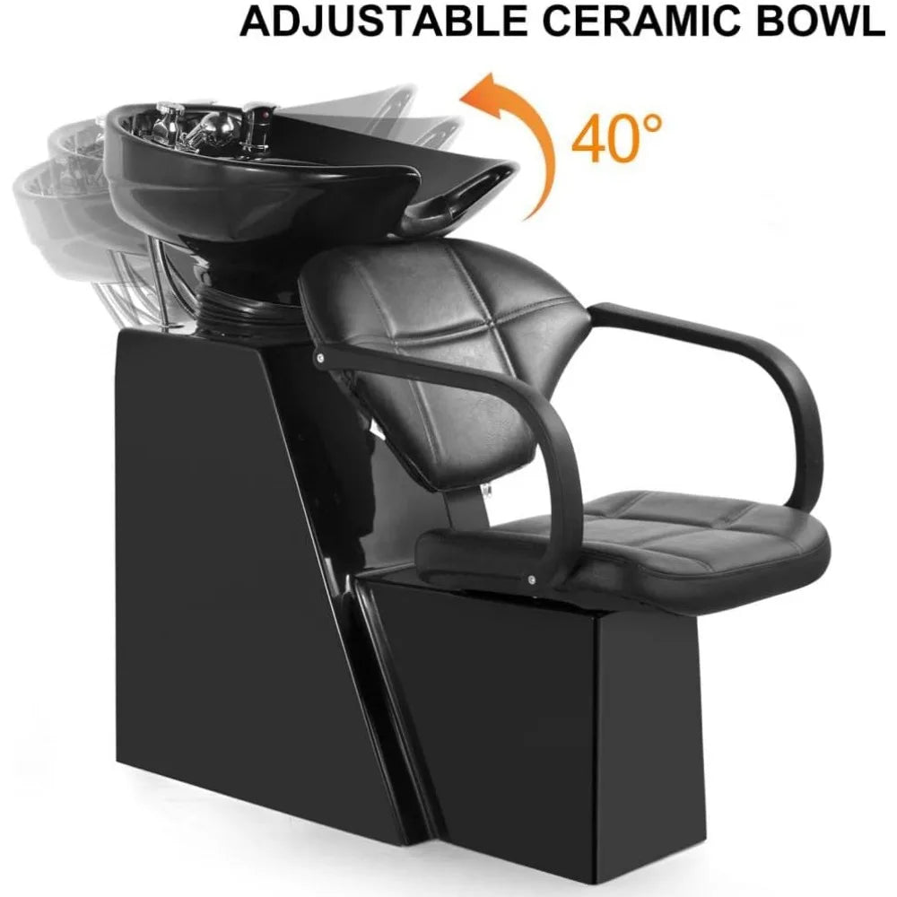 Shampoo Bowl Backwash Barber Chair Adjustable Ceramic Bowl Sink W/Rubber Headrest for Salon Beauty Spa Equipment (Black)