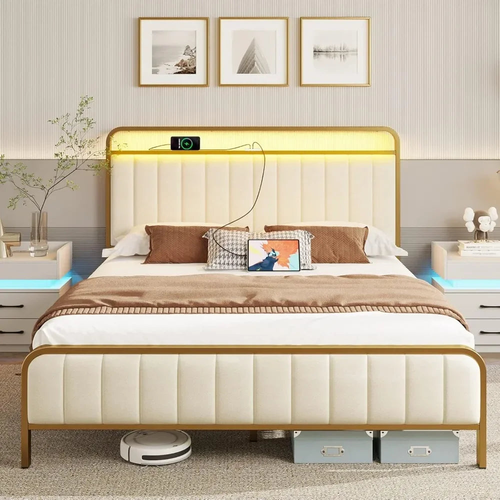 Queen Size Bed Frame with LED Light and Charging Station, Upholstered Headboard and Footboard, Metal Slat, Noise Free Bed