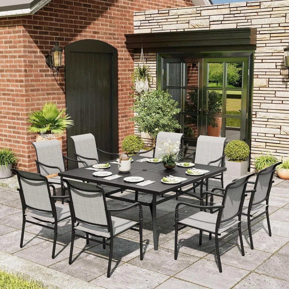 9 Piece Patio Dining Set, 8 X Textilene Dinings Chairs, with 1.57" Umbrella Hole, Outdoor Dining Table Sets