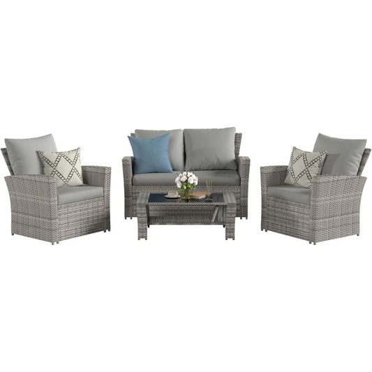 4 Pieces Patio Furniture Set,Wicker Outdoor Sectional Sofa Sets, Grey PE Rattan Patio Conversation Set, Garden Furniture Sets