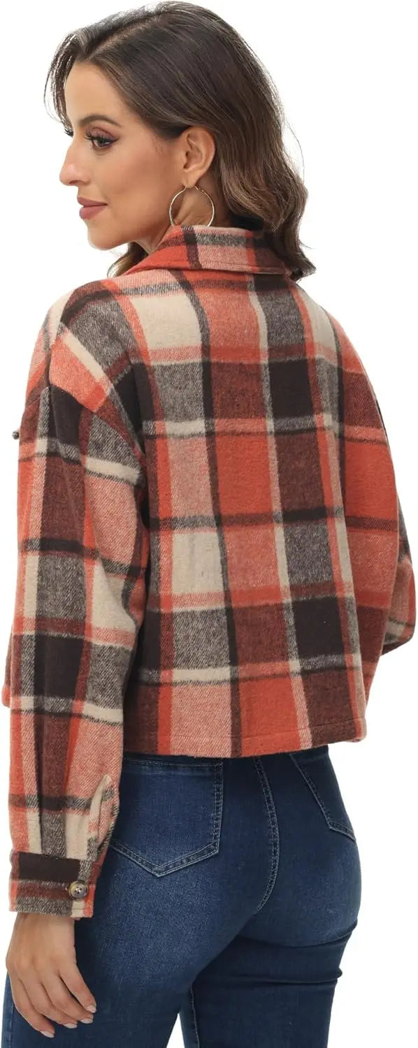 URBEST Women's Oversized Plaid Shacket - Cozy Long Sleeve Button Down Jacket with Pockets, Knee Length/Plus