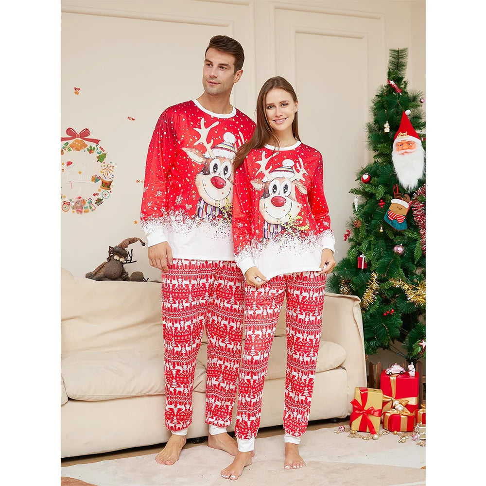 Christmas Family Matching Pajamas Set Father Mother Kids Red Cartoon Elk Print Sleepwear Adult Boys Girls Homewear Baby Rompers