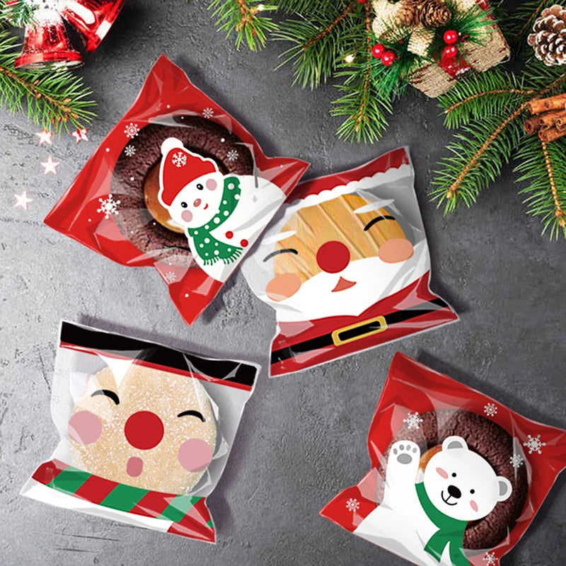 100Pcs Christmas Gift Bag Self Adhesive Cookies Candy Wrapping Bag New Year Party Gift Snack Baking Plastic Bag