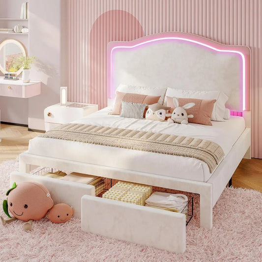 LED Queen Bed Frame with 2 Storage Drawers with Adjustable Headboard, No Box Spring Needed, Upholstered Platform Bed