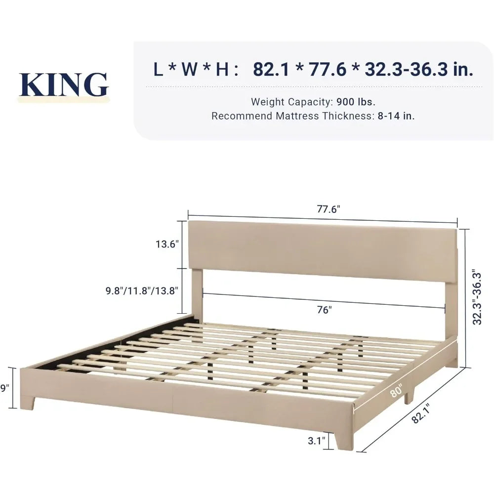 King Size Bed Frame with Adjustable Headboard, Upholstered Platform Bed with Wood Slats, Heavy Duty Mattress Foundation