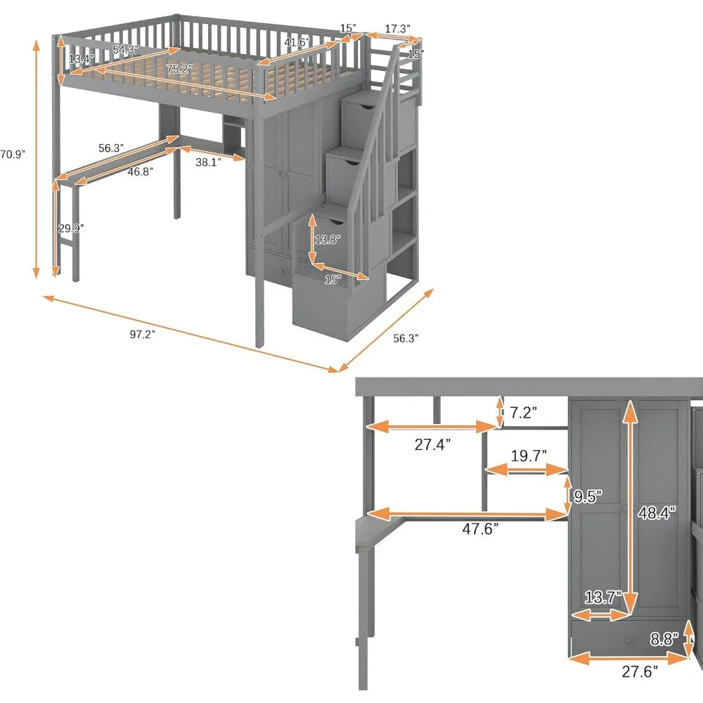 Bunk Bed,Full Loft Beds Stairway Loft Bed Frame with Wardrobe, Desk, Bookcase and Drawers, Solid Wood Bunk Beds