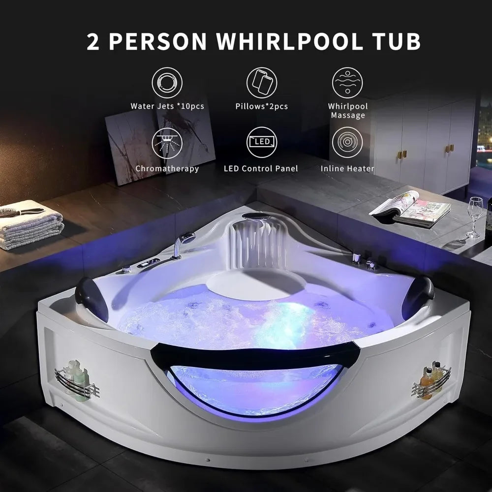 Whirlpool Bathtub with Heater,59 in 2 Person Jetted Tub with Light,Spa Hydromassage with Chromatherapy,Acrylic