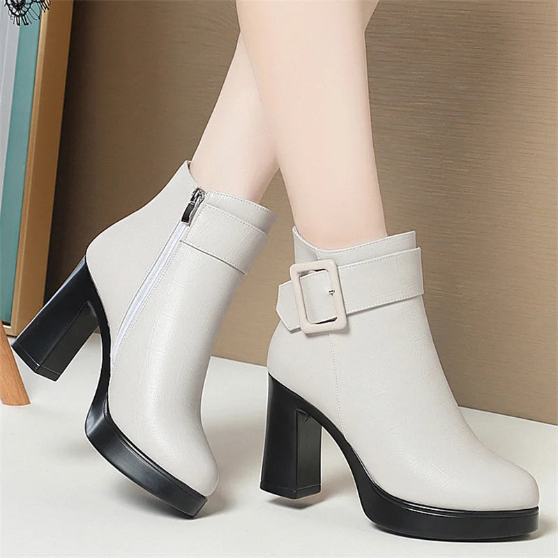 Winter Black Thick High Heel Ankle Boots Women 2024 Keep Warm Fashion Elegant Short Buckle Decoration Leather Boots