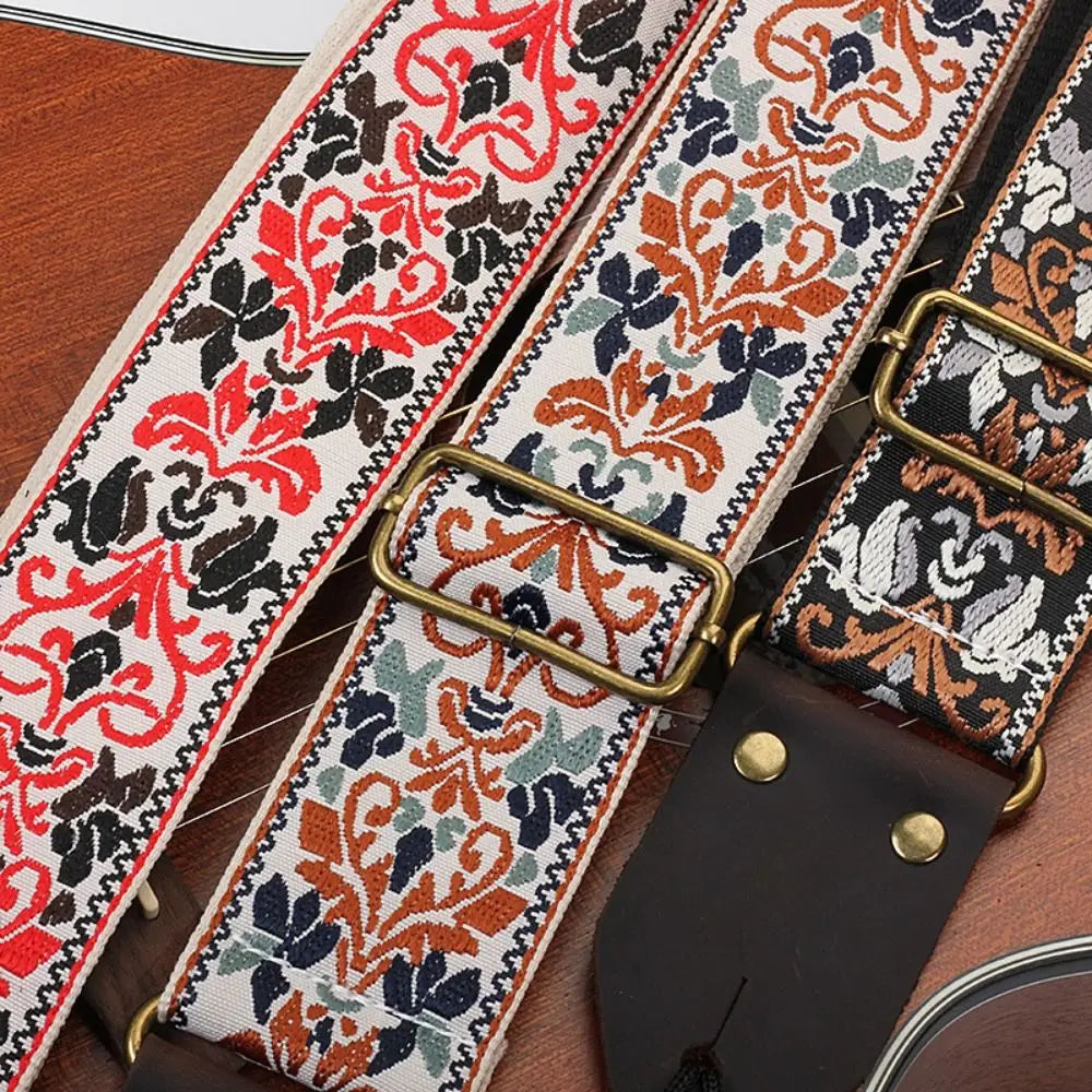 Vintage Flowers Embroidered Guitar Strap Leather Head Tail Nail Pick Guitar Strap Belt Adjustable Ultra Thick