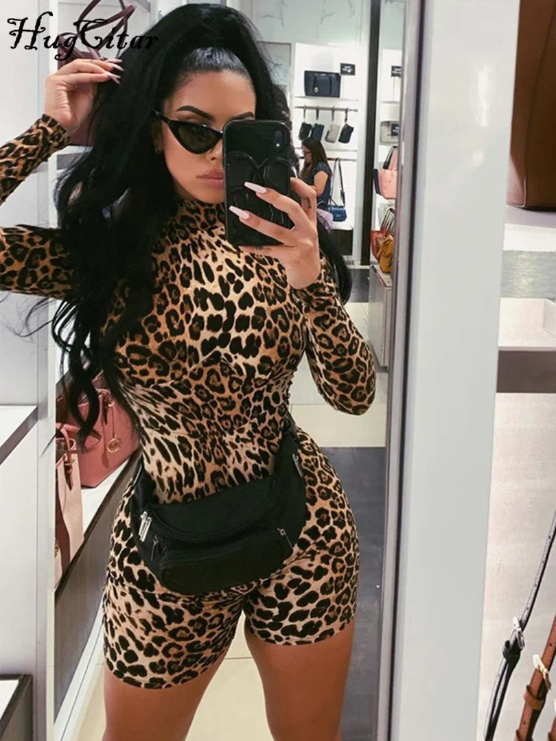 Hugcitar 2019 long sleeve tiger leopard print sexy bodycon playsuit autumn winter women streetwear club body fall cute outfits