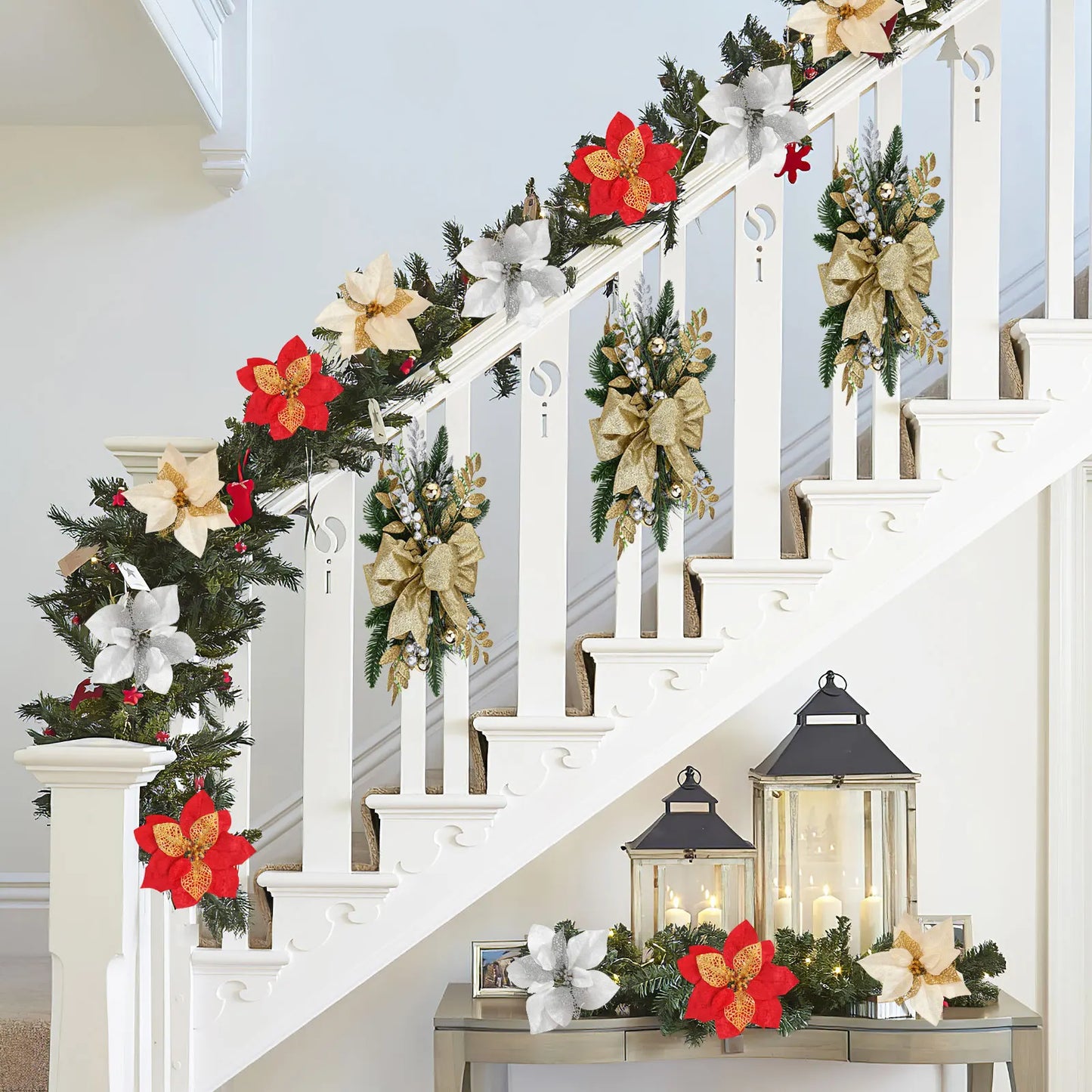 Hanging Stairs Garland Christmas Swag Door Wreath Pendants Stairway Swag Trim Lights Up LED Wreath Christmas Hanging Decoration